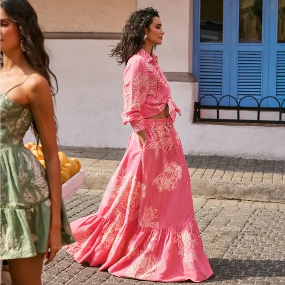 Hemant & Nandita Asha Shirt & Long Skirt Set in Pink Floral SZ XS NWT - Picture 3 of 8
